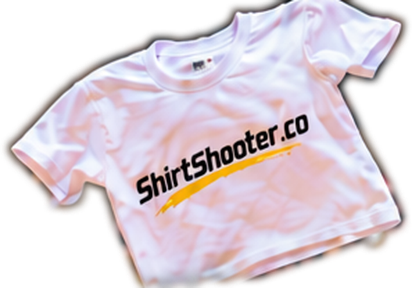 ShirtShooter.co branded white t-shirt flying through the air above a crowd