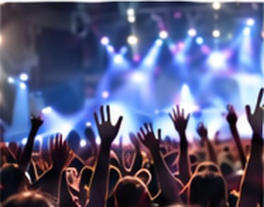 Concert and festival crowd with hands in the air under blue stage lights
